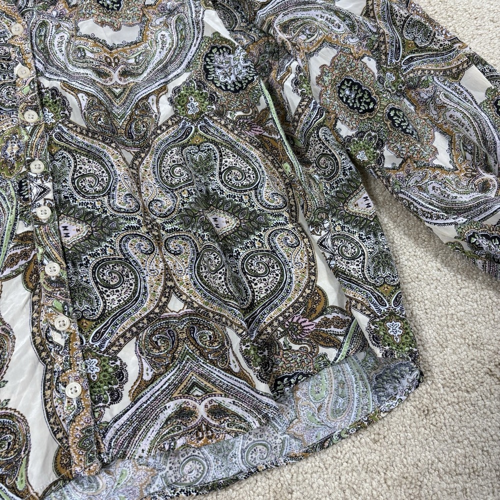 Elan M Blouse Peasant Brown Yellow Tan Paisley Tie Neck Long Sleeve Boho Artsy - Picture 3 of 8
